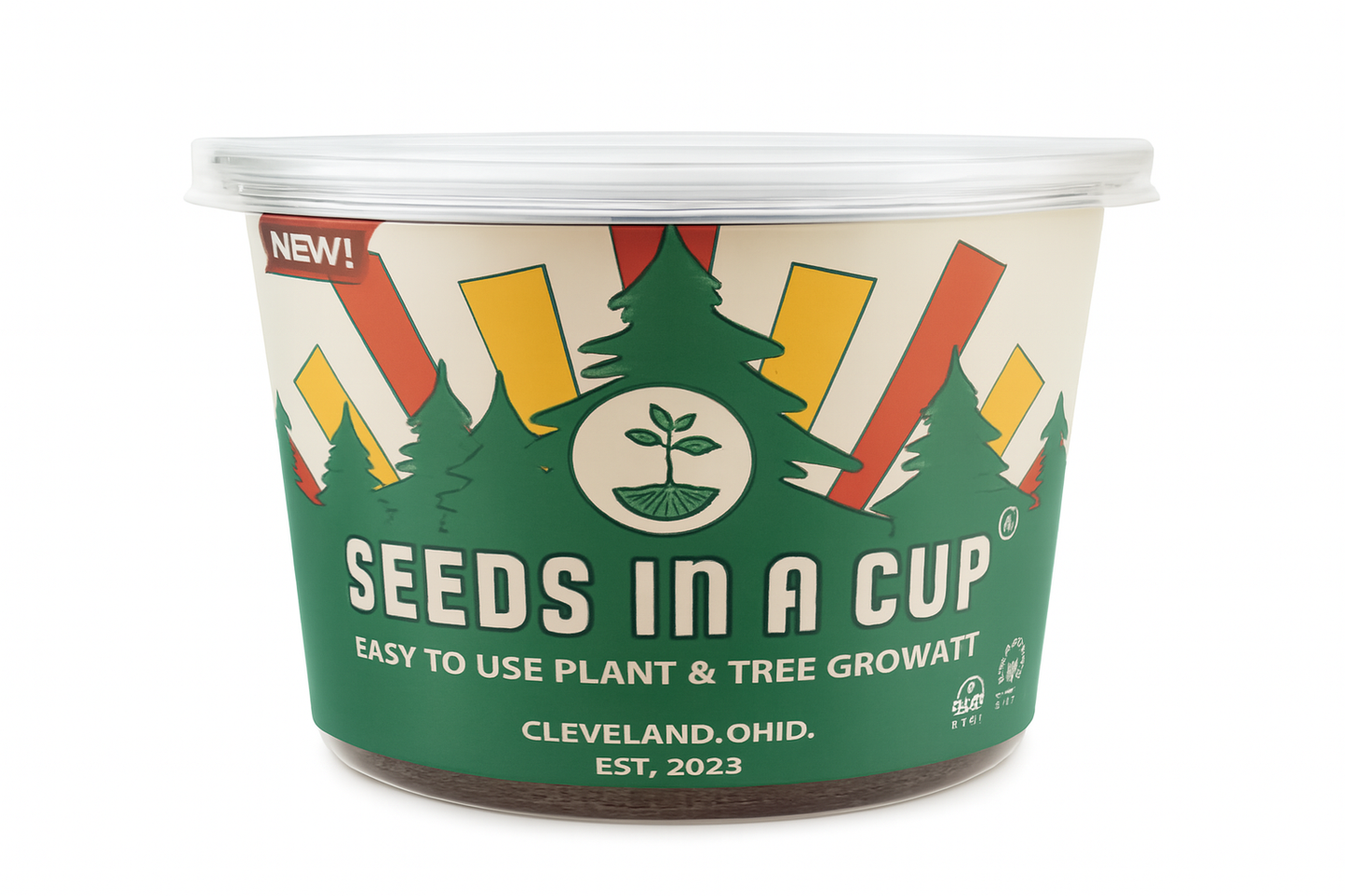 Container labeled 'Seeds in a Cup' with green and white design on a white background