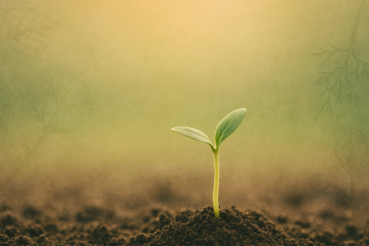 Young plant sprouting from soil with a warm, blurred background