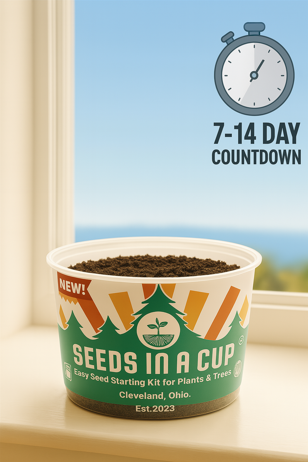Seeds in a Cup kit on a windowsill with a countdown timer graphic.