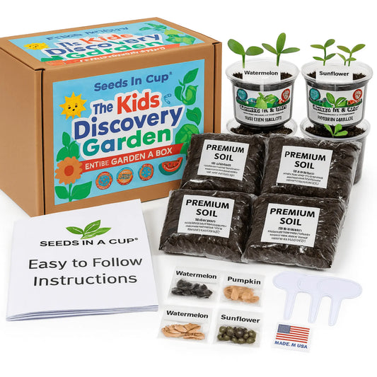 Kids Discovery Garden Kit seed starter kit contents: premium non-GMO seeds, nutrient-rich loose potting soil, and recyclable planter with humidity lid by Seeds In A Cup - Made in USA.