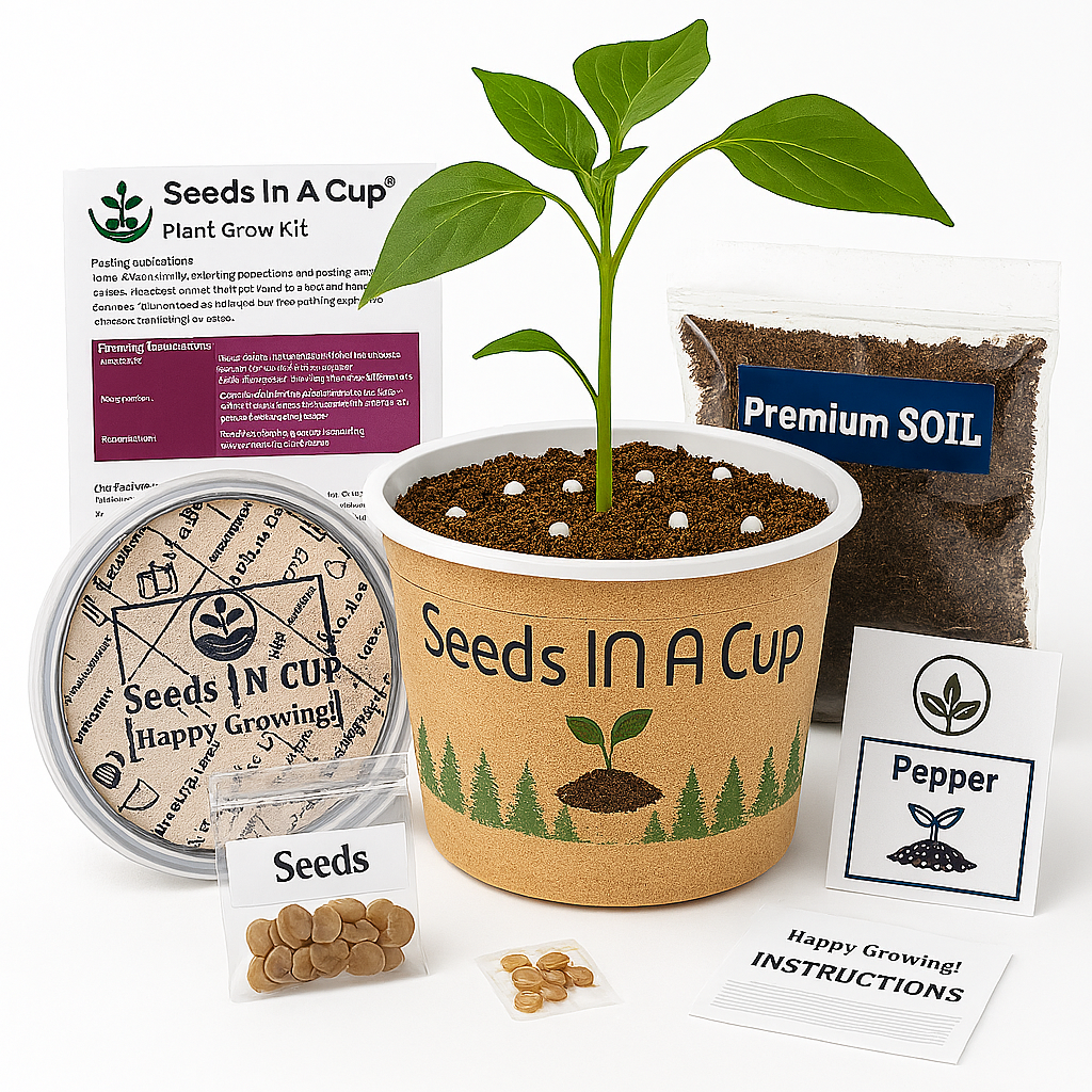 Seeds in a Cup plant grow kit with growing plant, soil, and packaging on a white background