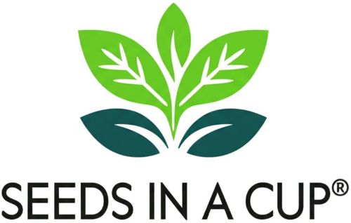 Logo of 'Seeds in a Cup' with green leaves on a white background that show how to grow tree and plants from seed
