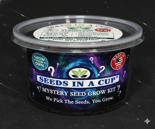 Inside the Seeds In A Cup Mystery Kit: Features professional-grade loose potting soil for superior aeration compared to peat pods. Includes a mystery seed packet (Surprise Variety) and a custom moisture-retaining lid to ensure high germination rates.