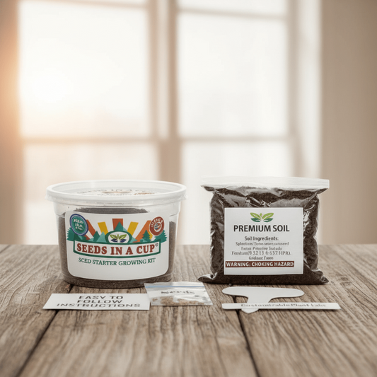 Complete Seeds In A Cup Blackberry growing system: recyclable planter, premium soil, and non-GMO Rubus fruticosus seeds. Indoor seed starter kit manufactured in Cleveland, Ohio, USA.