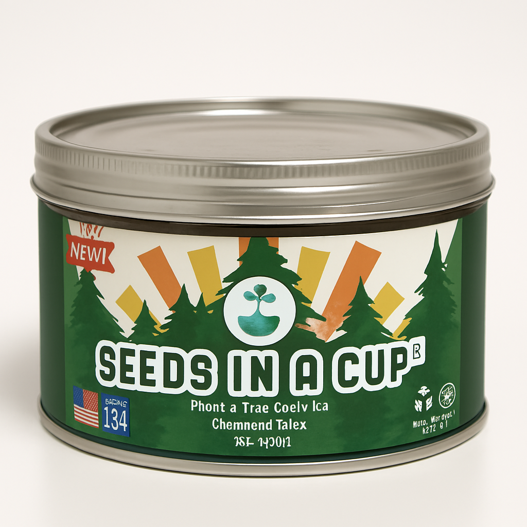 Tin labeled 'Seeds in a Cup' with a green and orange design on a white background