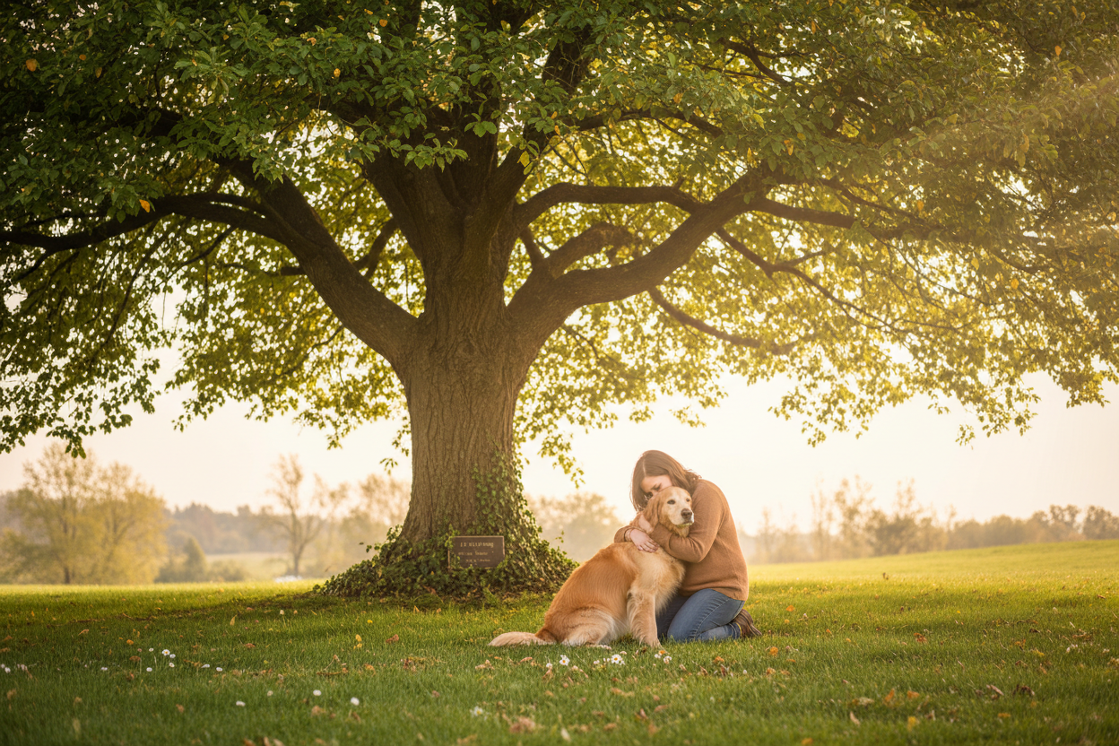 Person hugging their dog under a memorial tree 