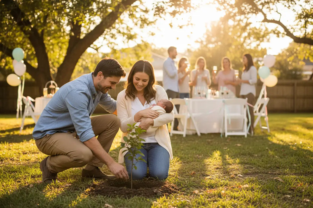 Parents planting a seedling tree with their newborn at a baby shower — new baby tree and plant seed starter kits by Seeds In A Cup®.