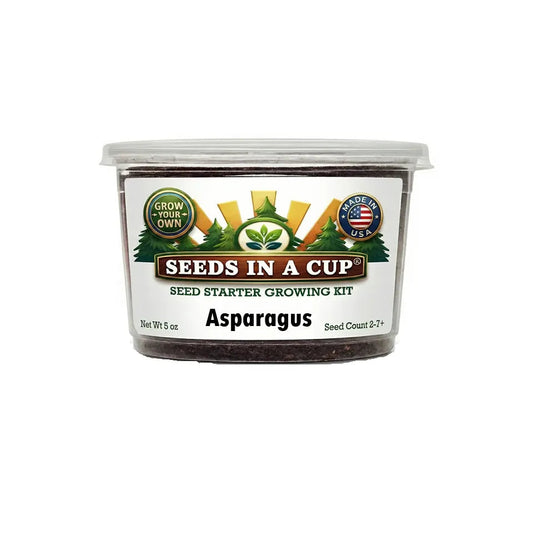 Seeds In A Cup Asparagus (Asparagus officinalis) Grow Kit - Complete seed starter with recyclable planter, non-GMO seeds, and real potting soil. Hand-assembled in Cleveland, Ohio, USA.