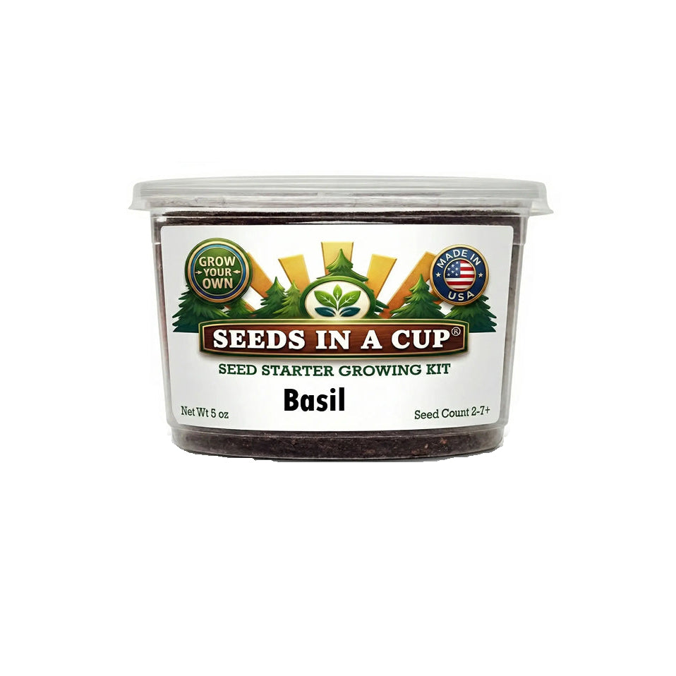 The Seeds In A Cup Basil (Ocimum basilicum) Kit. A premier USA-made indoor plant starter featuring loose soil medium and moisture-retaining lid.