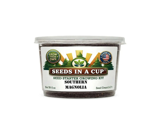 Seeds In A Cup Southern Magnolia Tree (Magnolia grandiflora) Grow Kit - Complete seed starter with recyclable planter, non-GMO seeds, and real potting soil. Hand-assembled in Cleveland, Ohio, USA.