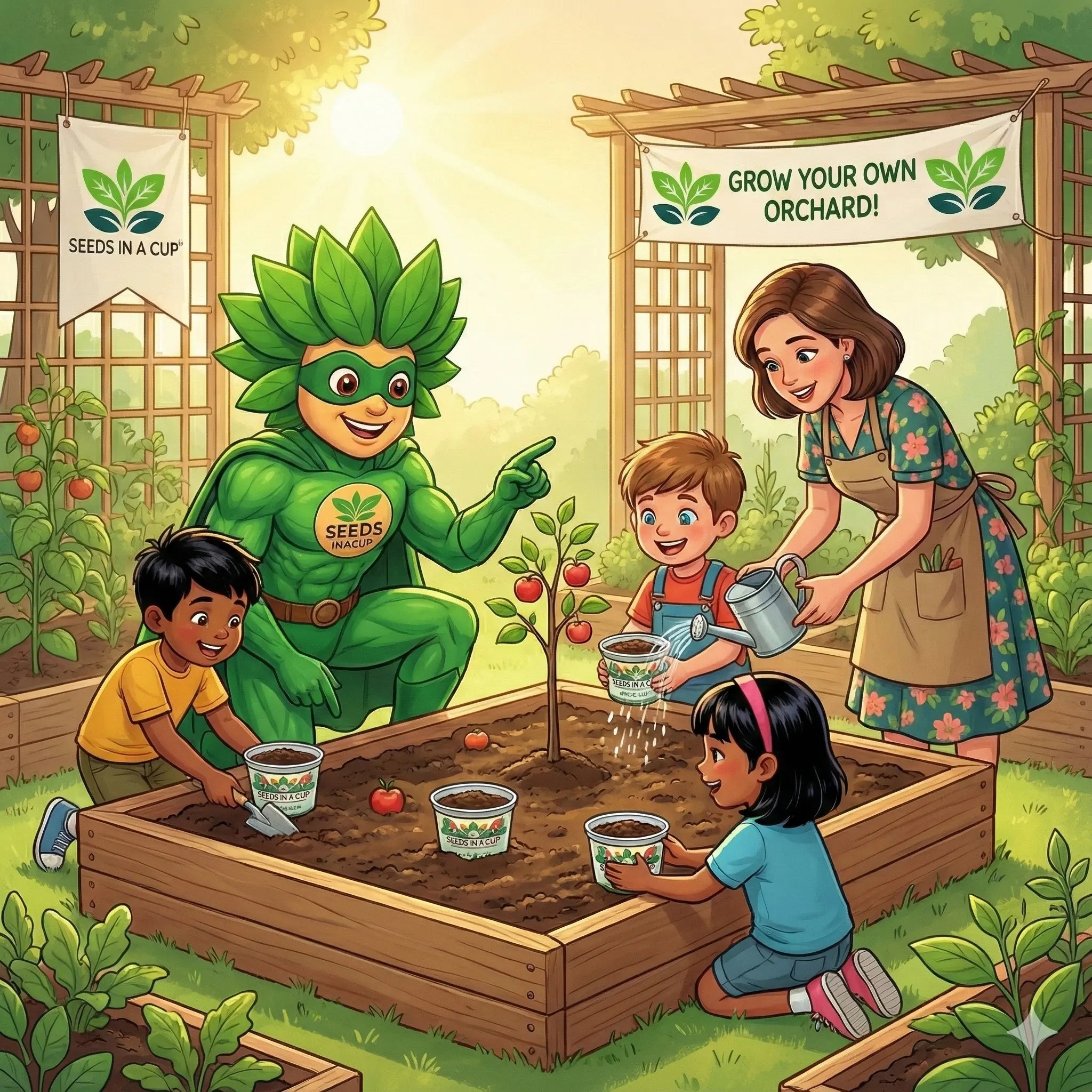  Successful Germination Results: A thriving 5-kit indoor garden grown from the Seeds In A Cup Garden In A Box, proving the effectiveness of real soil over synthetic peat alternatives.