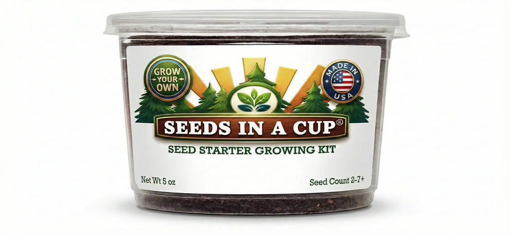 Seeds in a Cup seed starter growing kit on a white background