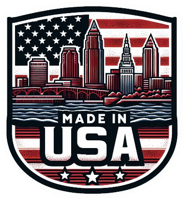 Emblem with American flag and city skyline, featuring 'Made in USA' text.