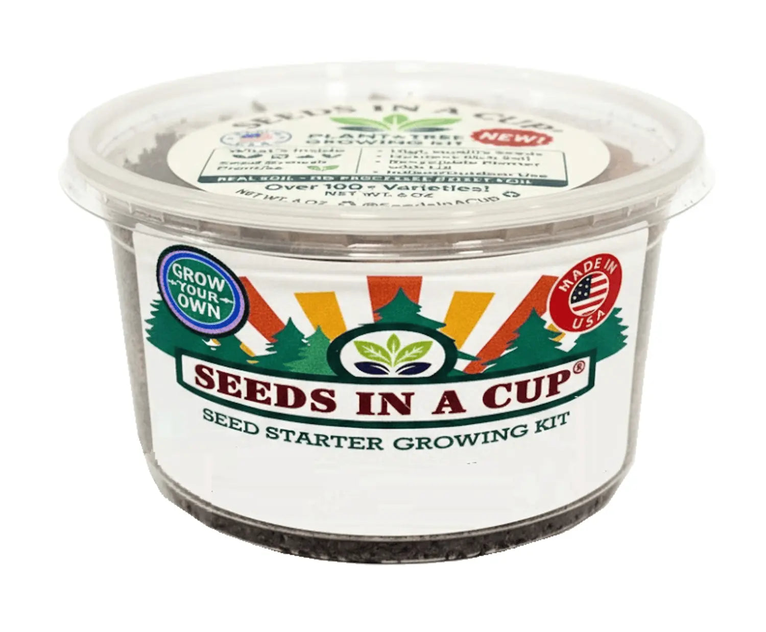 Seeds In A Cup Herb & Tree Bundle: A Garden In A Box selection featuring five species like Lavender and Blue Spruce, utilizing real soil for high-altitude and delicate seed germination.