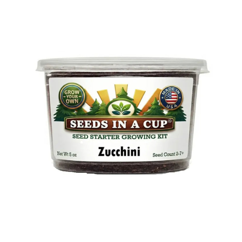 Indoor Zucchini (Cucurbita pepo var. cylindrica) Growing Kit from Seeds In A Cup. Features USA-grown seeds and a sustainable recyclable planter with real soil.