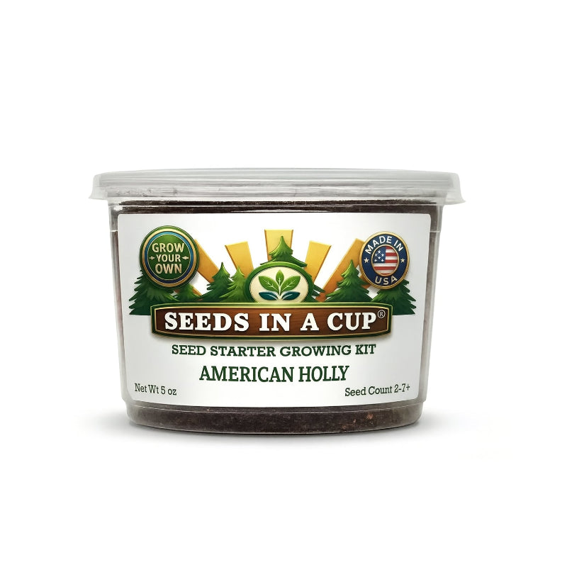 Seeds In A Cup American Holly grow kit with all included contents: non-GMO seeds, real loose potting soil, recyclable planter, and step-by-step growing instructions. Made in Cleveland, Ohio.