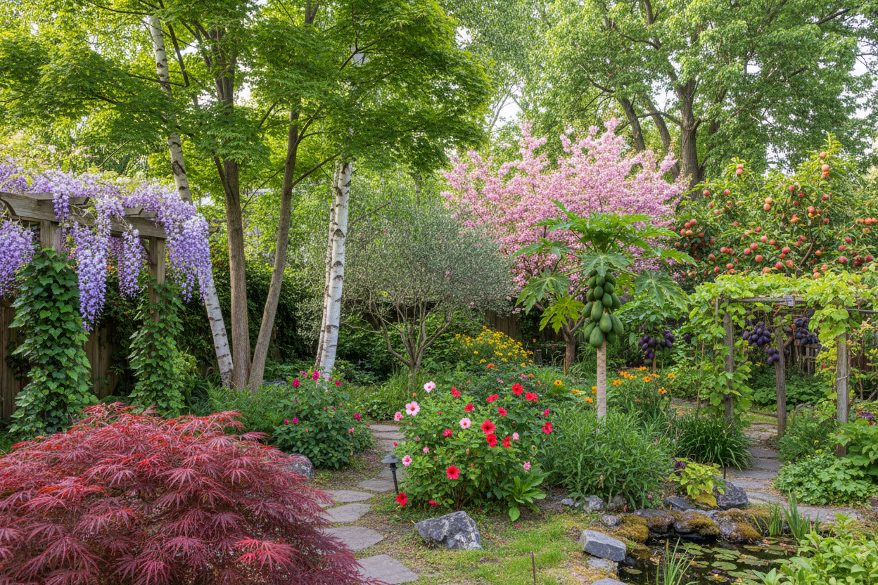 AN IMAGE OF A JAPANESE MAPLE, SUGAR MAPLE. WISTERIA, BIRCH, ELM, ASH, HIBISCUS, CHERRY, OLIVE, PAPAYA, ENGLISH IVY, PEACH, HAZELNUT PLUM, GRAPE AND ETC. ALL GROWING IN THE BACK YARD