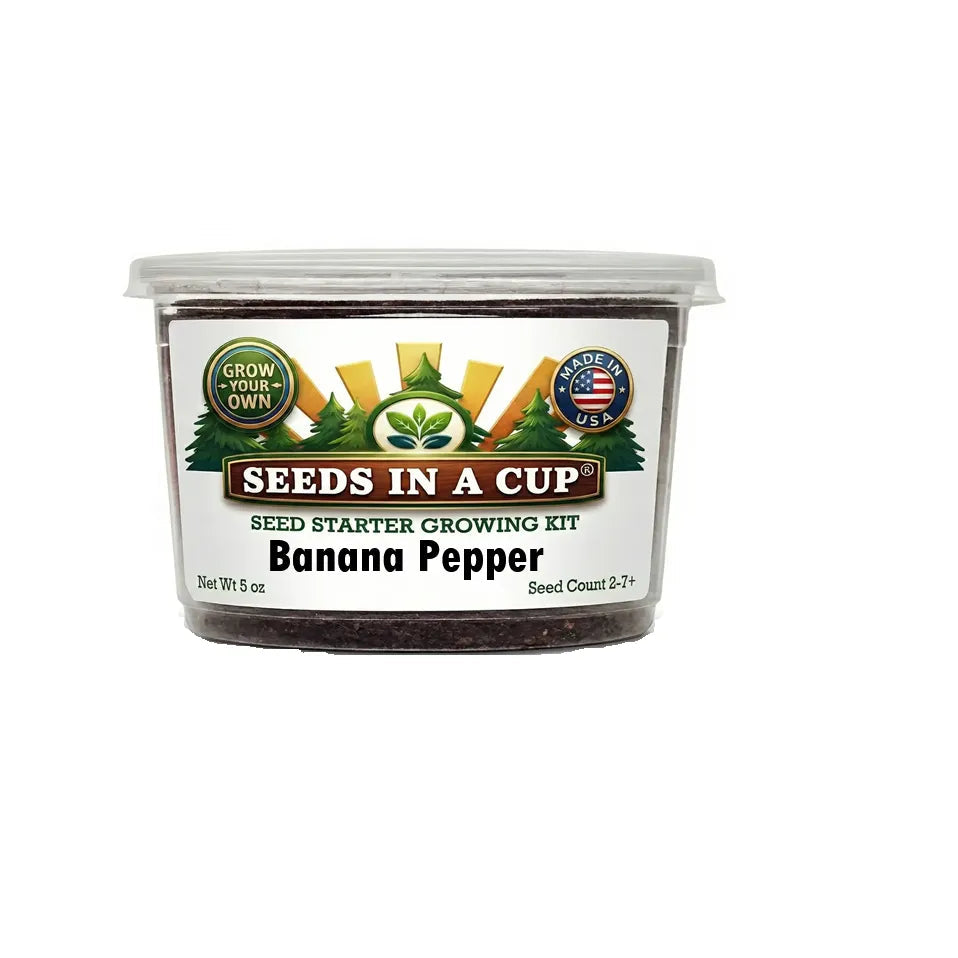 Premium Seeds In A Cup Banana Pepper (Capsicum annuum var. annuum) Growing System. A domestic USA-manufactured kit including real soil and moisture-retaining lid.