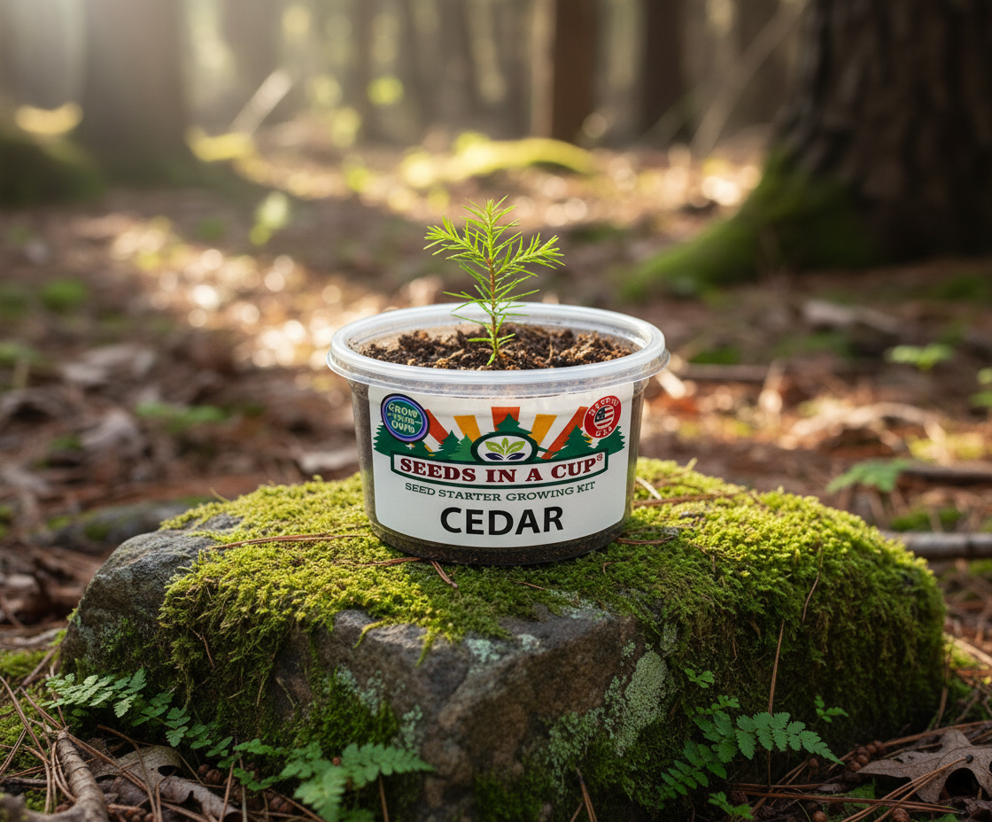 Complete Seeds In A Cup Cedar Tree growing system: recyclable planter, premium soil, and non-GMO Cedrus spp. seeds. Indoor seed starter kit manufactured in Cleveland, Ohio, USA.
