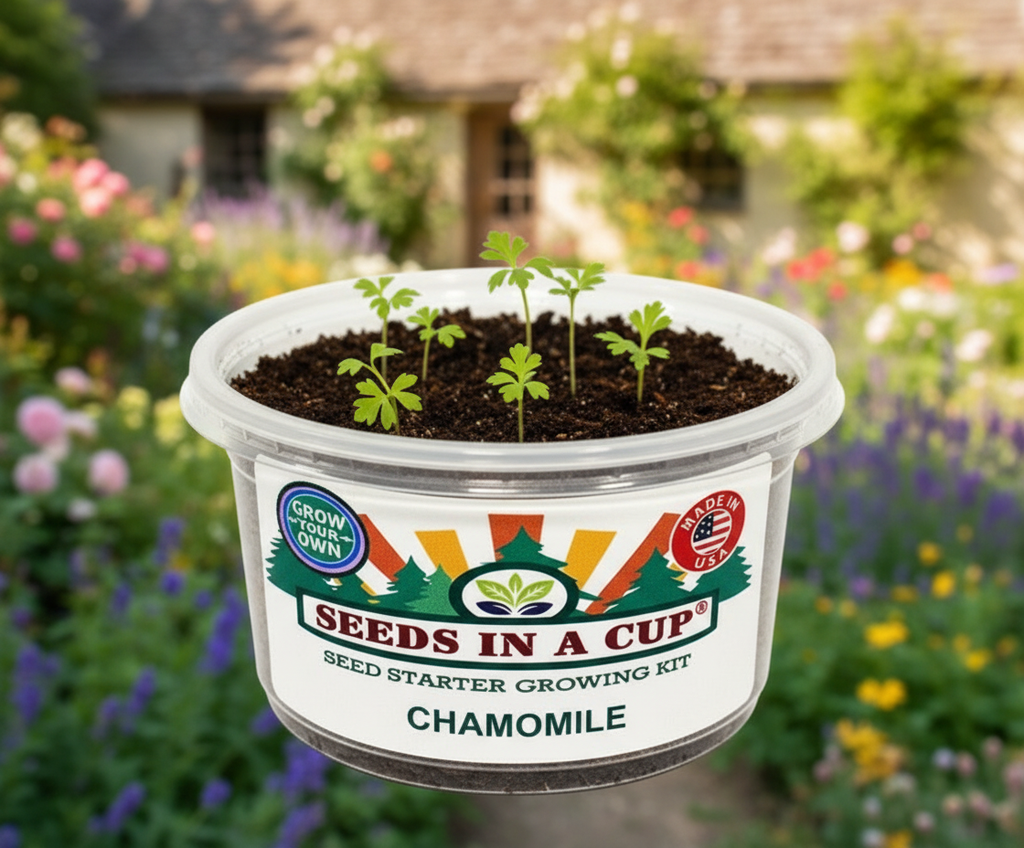 Successful indoor Chamomile (Matricaria chamomilla) sprout. Evidence of the 100% germination potential of Seeds In A Cup USA-grown seeds and real potting soil.