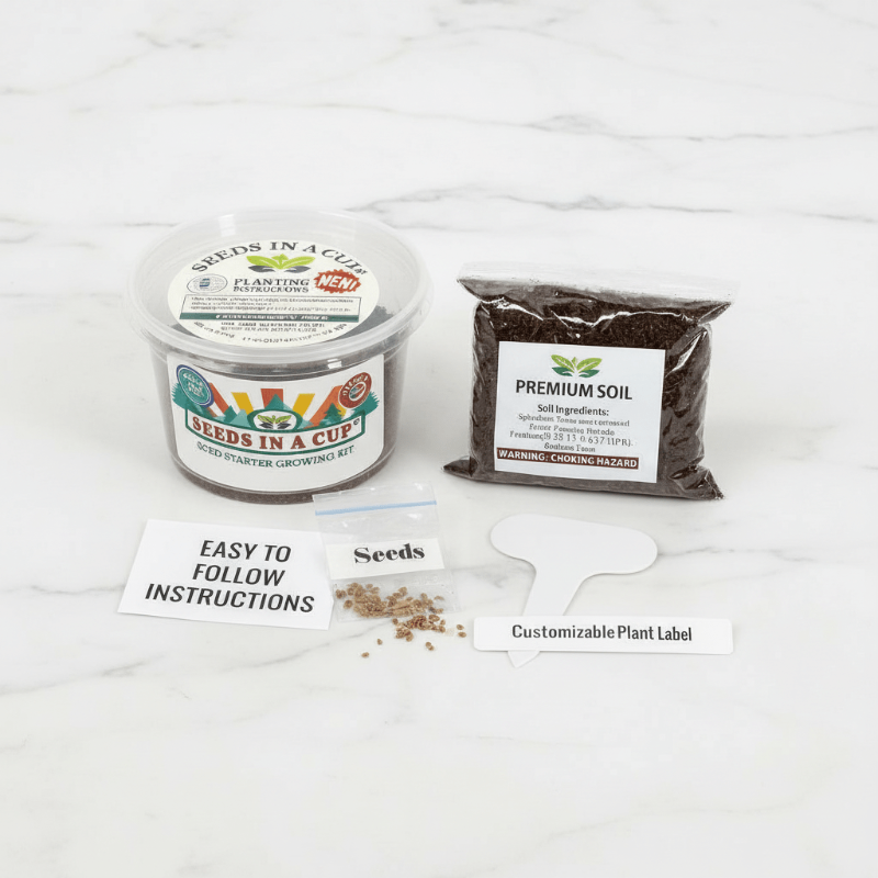 Seeds In A Cup Apple Tree grow kit with all included contents: non-GMO seeds, real loose potting soil, recyclable planter, and step-by-step growing instructions. Made in Cleveland, Ohio.