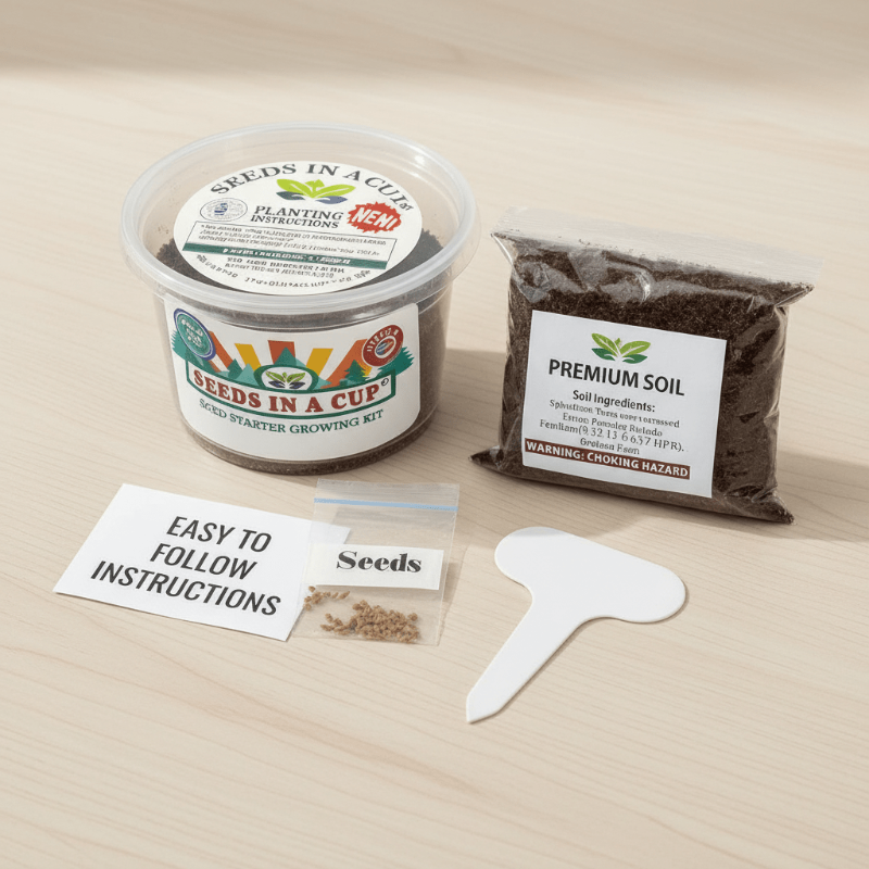 Healthy American Flax (Linum lewisii) seedling in Seeds In A Cup recyclable planter. Demonstrates successful germination with real potting soil and non-GMO seeds.