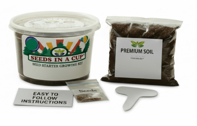 Seeds In A Cup American Flax grow kit with all contents: non-GMO seeds, real loose potting soil, recyclable planter, and growing instructions. Made in Cleveland, Ohio.