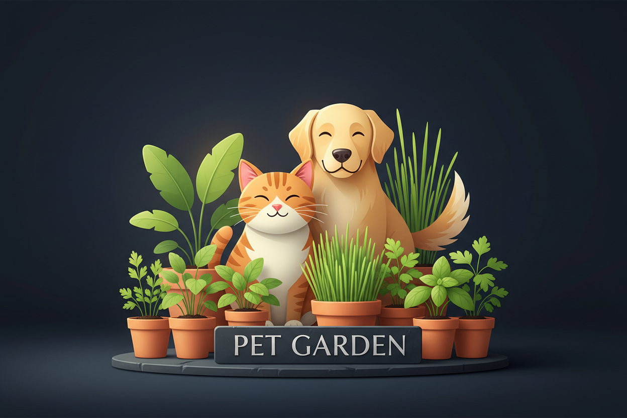 Illustration of a dog and cat surrounded by potted plants with a 'Pet Garden' sign on a dark background for seeds in a cup new product line for cats and dogs.