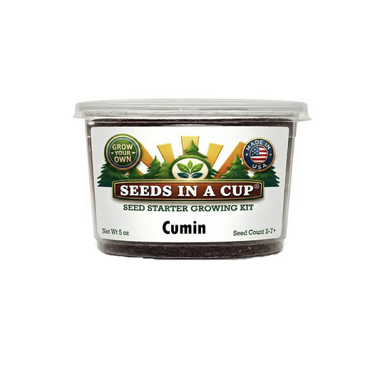 Cumin seeds in a cup with a label on a white background