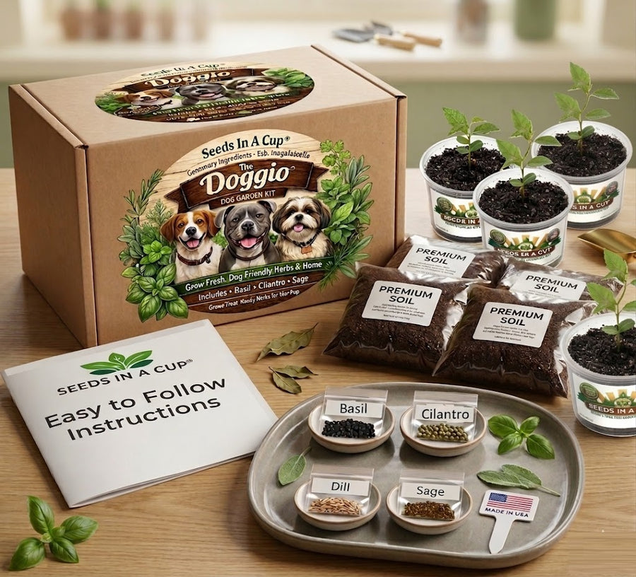 Doggio dog garden kit with seed packets, soil, and planting guide on a wooden table.