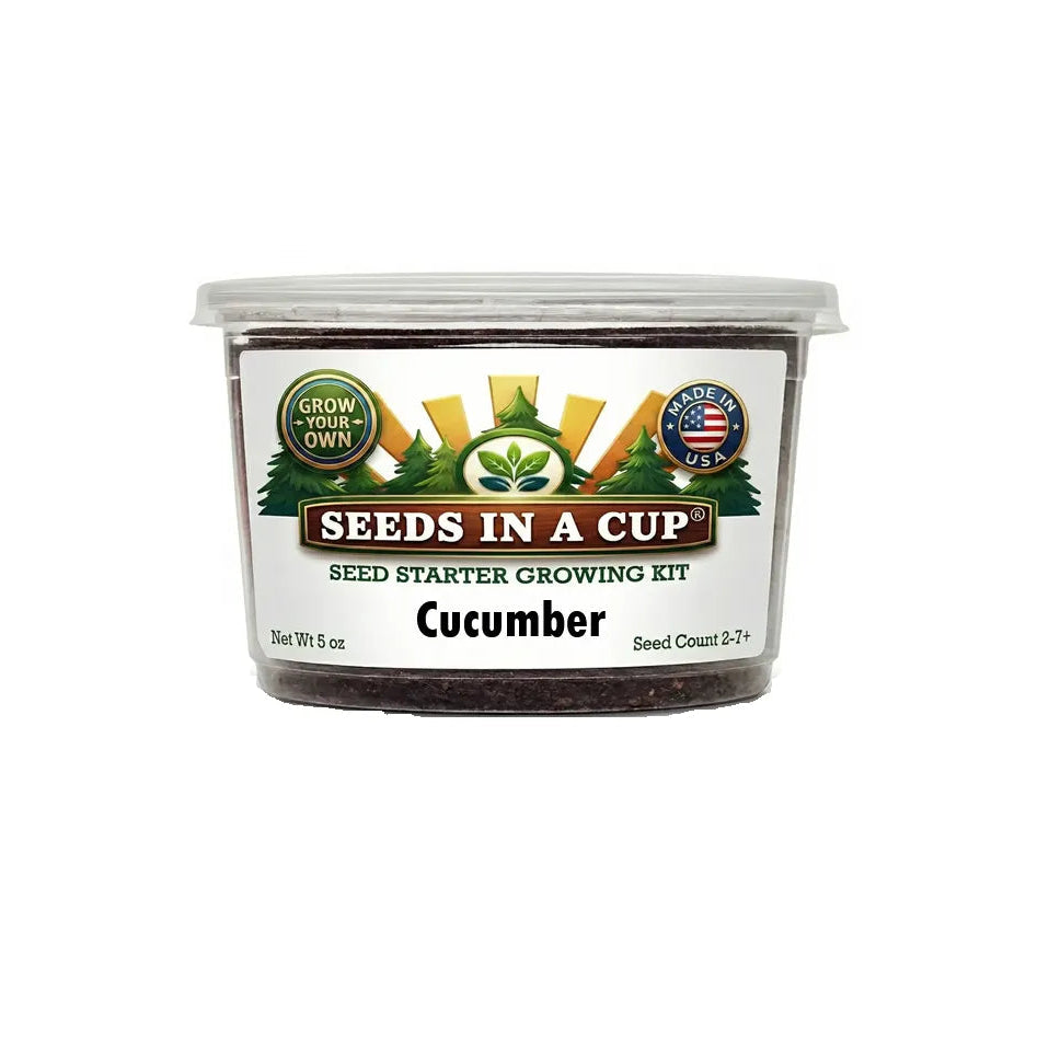 Complete Cucumber (Cucumis sativus) Grow Kit by Seeds In A Cup. An all-in-one USA-made system using real loose soil instead of peat pods.