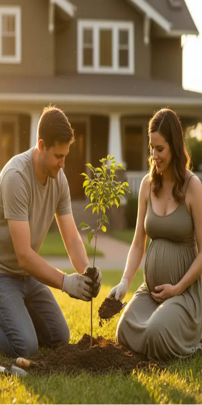 Man and pregnant woman planting their tree they gre from seeds in a cup tree growing kit  together in a city setting.