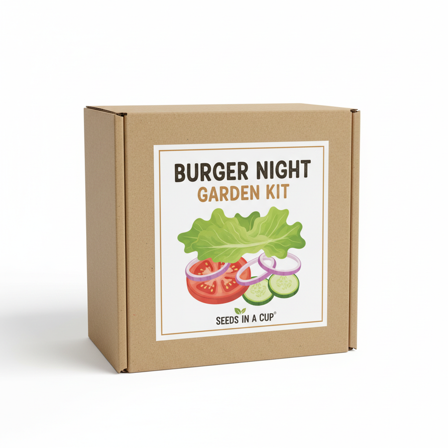 Burger Night Garden Kit - 5x5 kraft box with tomato, lettuce, onion, and cucumber seed growing kit by Seeds In A Cup