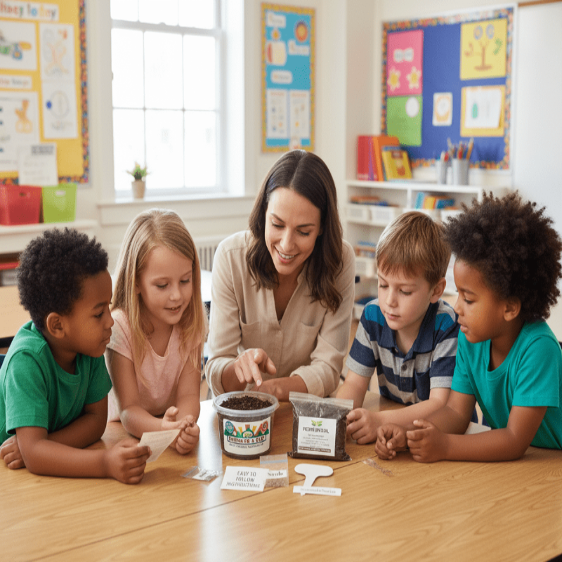 Hands-on STEM gardening: Planting Bachelor Buttons (Cornflower) (Centaurea cyanus) seeds in Seeds In A Cup recyclable planter. Educational seed-to-sprout project for kids and classrooms.
