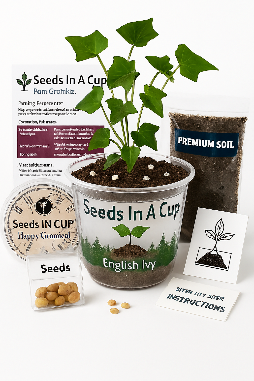 Seeds in a Cup kit with potted plant, soil, and instructions on a white background