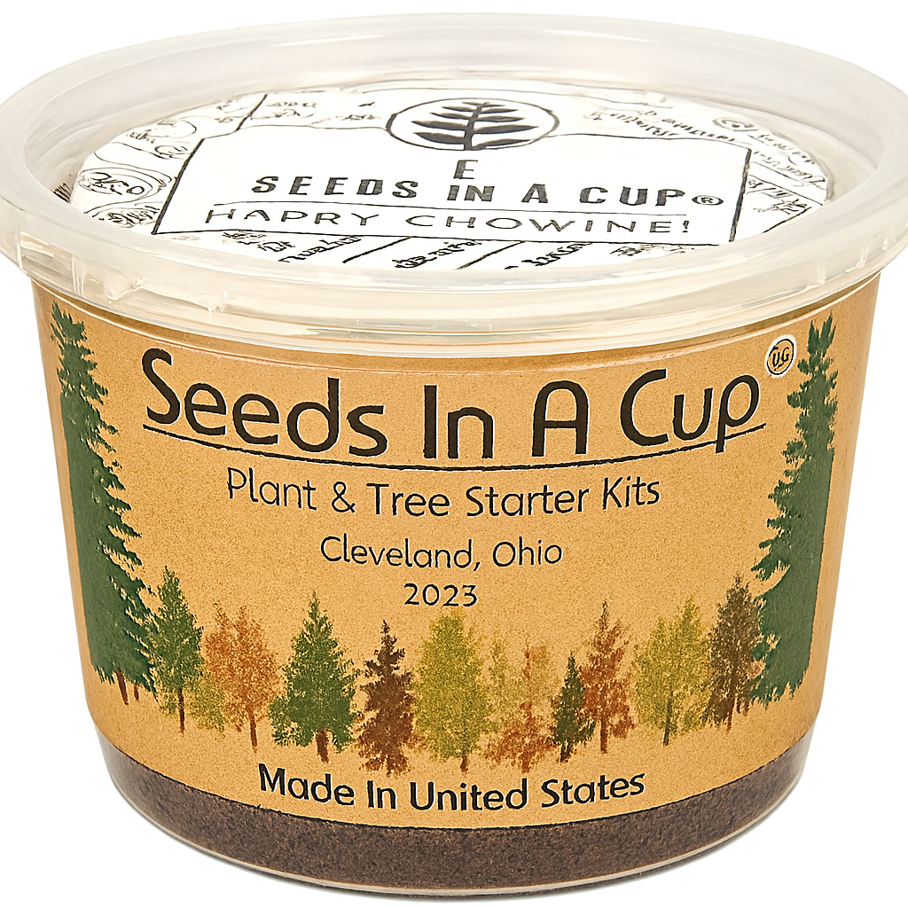 Seeds In A Cup container with tree design and text on a white background