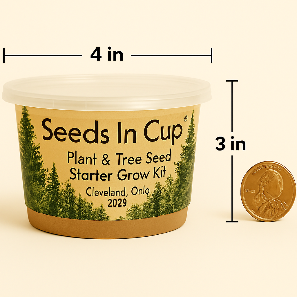 Seeds In Cup plant and tree seed starter grow kit with measurements and a coin for scale on a beige background.