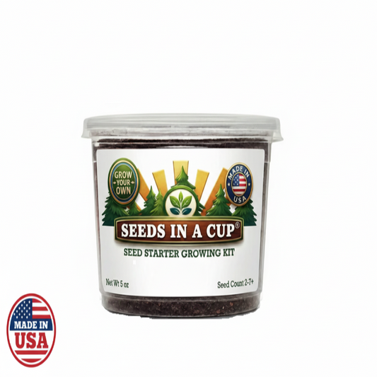 Seeds In A Cup Japanese Maple grow kit with all included contents: non-GMO seeds, real loose potting soil, recyclable planter, and step-by-step growing instructions. Made in Cleveland, Ohio.