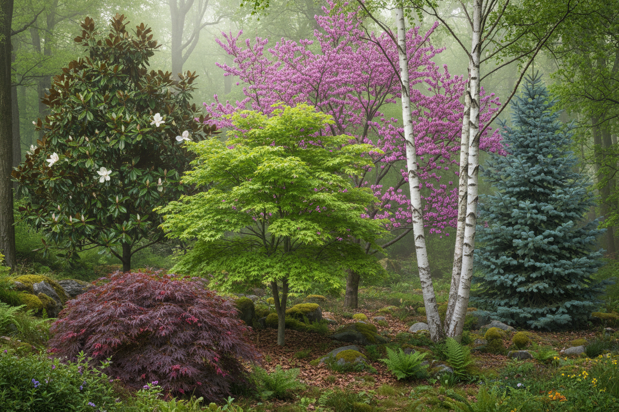 make image of japanese maple, sugar maple ,southern magnolia, judas tree, birch and fraser fir all growing together
