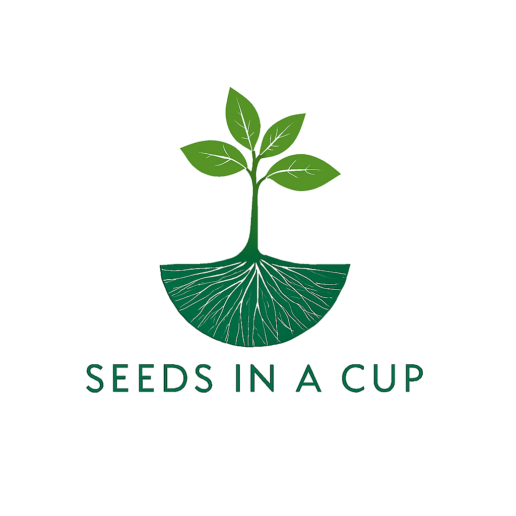 Logo of 'Seeds in a Cup' with a green plant and roots design on a white background.