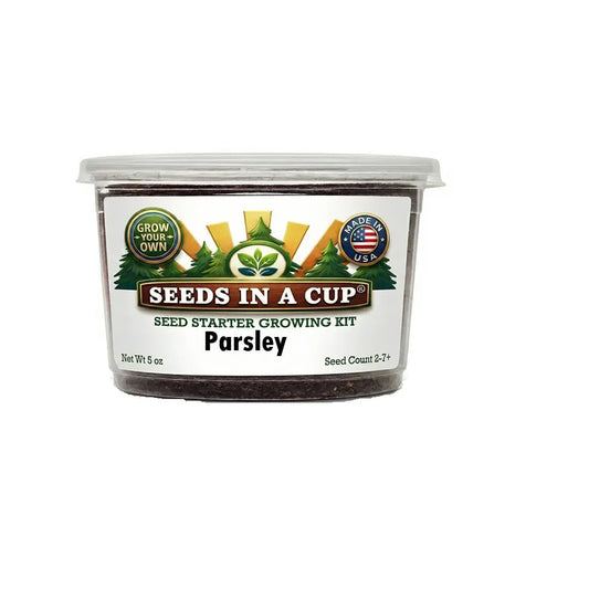 Seeds In A Cup Parsley (Petroselinum crispum) Grow Kit - Complete seed starter with recyclable planter, non-GMO seeds, and real potting soil. Hand-assembled in Cleveland, Ohio, USA.