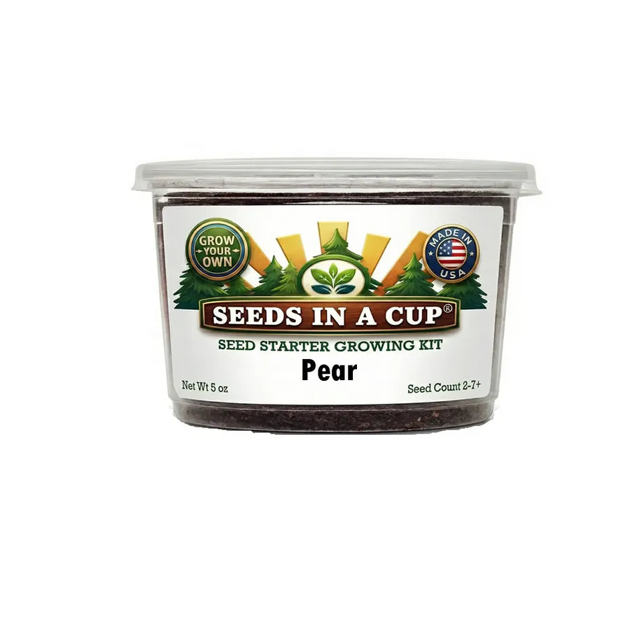 Seeds In A Cup® Pear Tree (Pyrus communis) seed starter grow kit on a white background — non-GMO seeds, real potting soil, recyclable planter. Made in Cleveland, Ohio, USA.