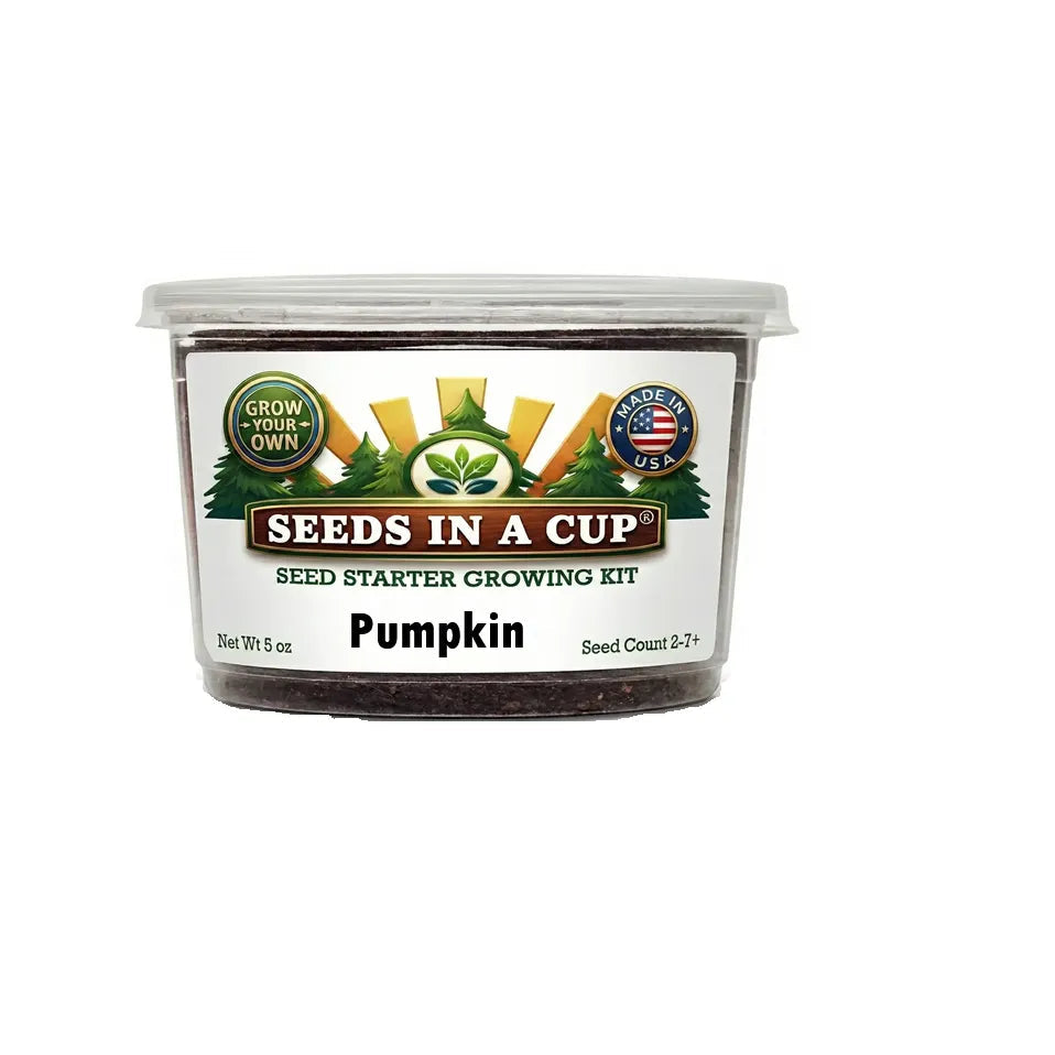 The Seeds In A Cup Pumpkin (Cucurbita pepo) Kit. A premier USA-made indoor plant starter featuring loose soil medium and moisture-retaining lid.