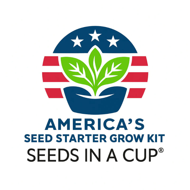 Seeds In A Cup® Official Logo - Premium Plant, Herb, and Tree Grow Kits with patriotic theme.