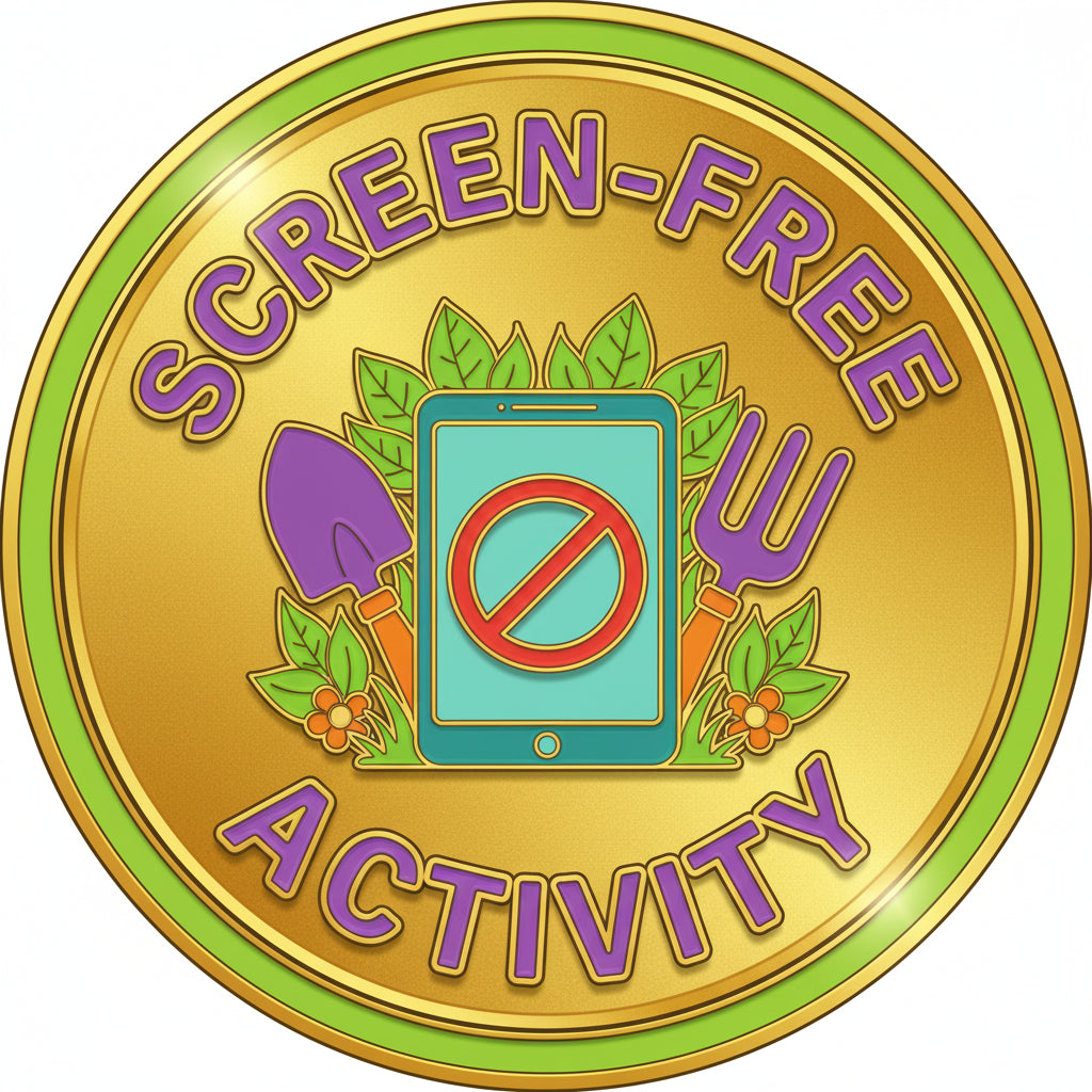 Circular badge with 'Screen-Free Activity' text, tablet with no screen icon, garden tools, and flowers on a yellow background. Encouraging healthy  lifestyle choices.