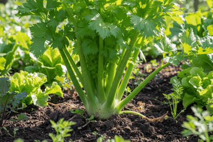 Celery (Apium graveolens) seed starter kit contents: premium non-GMO seeds, nutrient-rich loose potting soil, and recyclable planter with humidity lid by Seeds In A Cup - Made in USA.