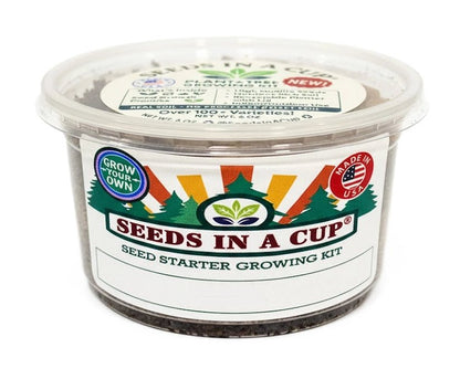 Sunflower (Helianthus annuus) seed starter kit contents: premium non-GMO seeds, nutrient-rich loose potting soil, and recyclable planter with humidity lid by Seeds In A Cup - Made in USA.