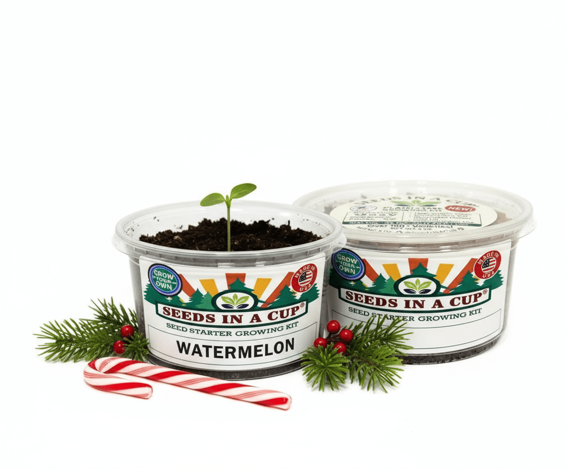 Mature Crimson Sweet Watermelon (Citrullus lanatus) plant grown from Seeds In A Cup starter kit, demonstrating the nutrient-dense real soil growing system and high germination success rate.