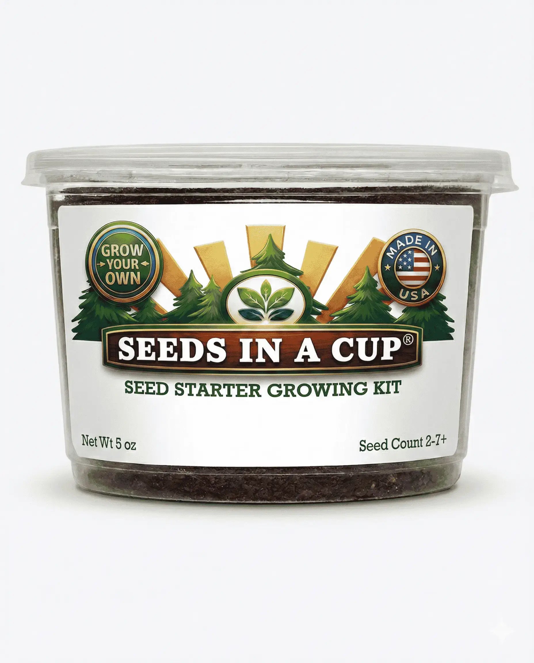 Complete Seeds In A Cup indoor outdoor tree grow kit featuring a recyclable planter, premium non-GMO seeds, and real potting soil, hand-assembled in the USA.