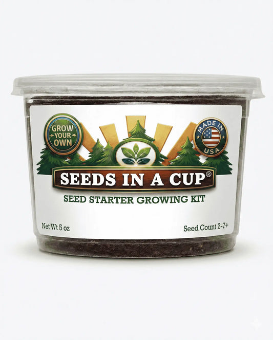 Loofah Sponge Gourd (Luffa aegyptiaca) seed starter kit contents: premium non-GMO seeds, nutrient-rich loose potting soil, and recyclable planter with humidity lid by Seeds In A Cup - Made in USA.